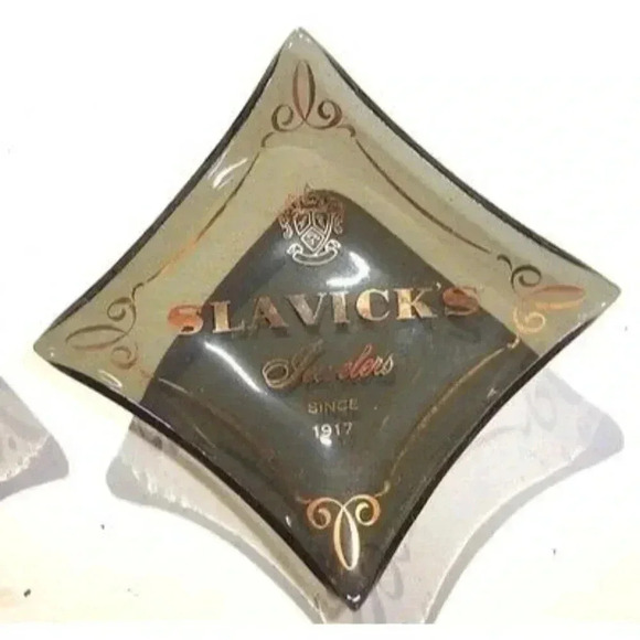 RARE Lot of 2 Vintage Glass SLAVOCKS Jewelers Mini Ashtray - Picture 2 of 3